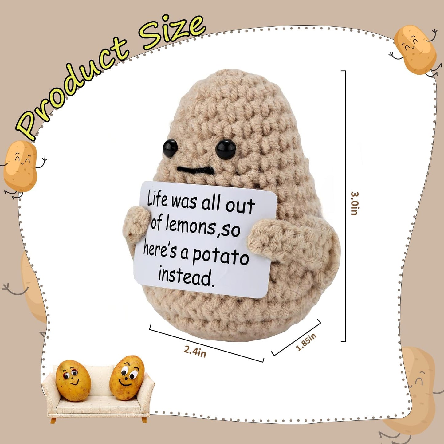 Funny Positive Potato, 3 inch Cute Crochet Potato Doll with Positive Card, Soft Wool Knitting Emotional Support Positive Life Potato Toy for Birthday Gifts Room Decor