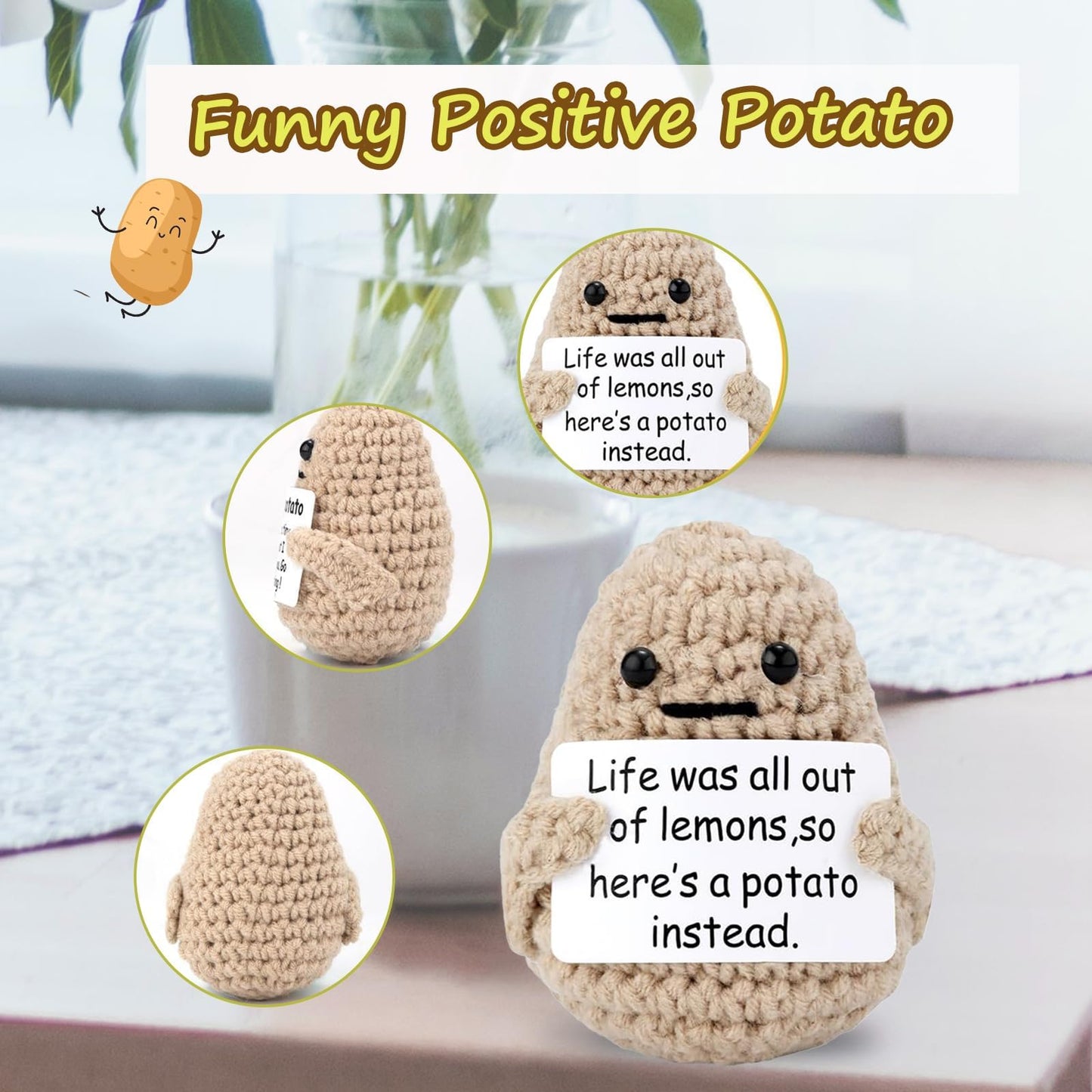 Funny Positive Potato, 3 inch Cute Crochet Potato Doll with Positive Card, Soft Wool Knitting Emotional Support Positive Life Potato Toy for Birthday Gifts Room Decor