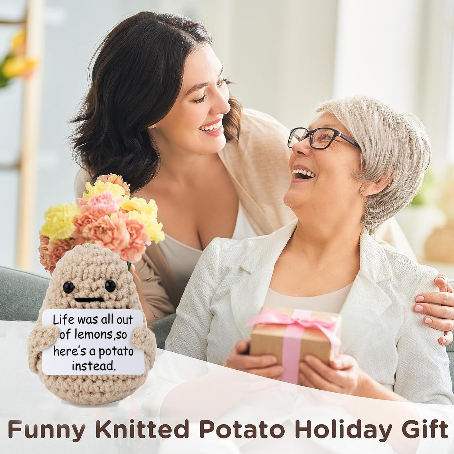Funny Positive Potato, 3 inch Cute Crochet Potato Doll with Positive Card, Soft Wool Knitting Emotional Support Positive Life Potato Toy for Birthday Gifts Room Decor
