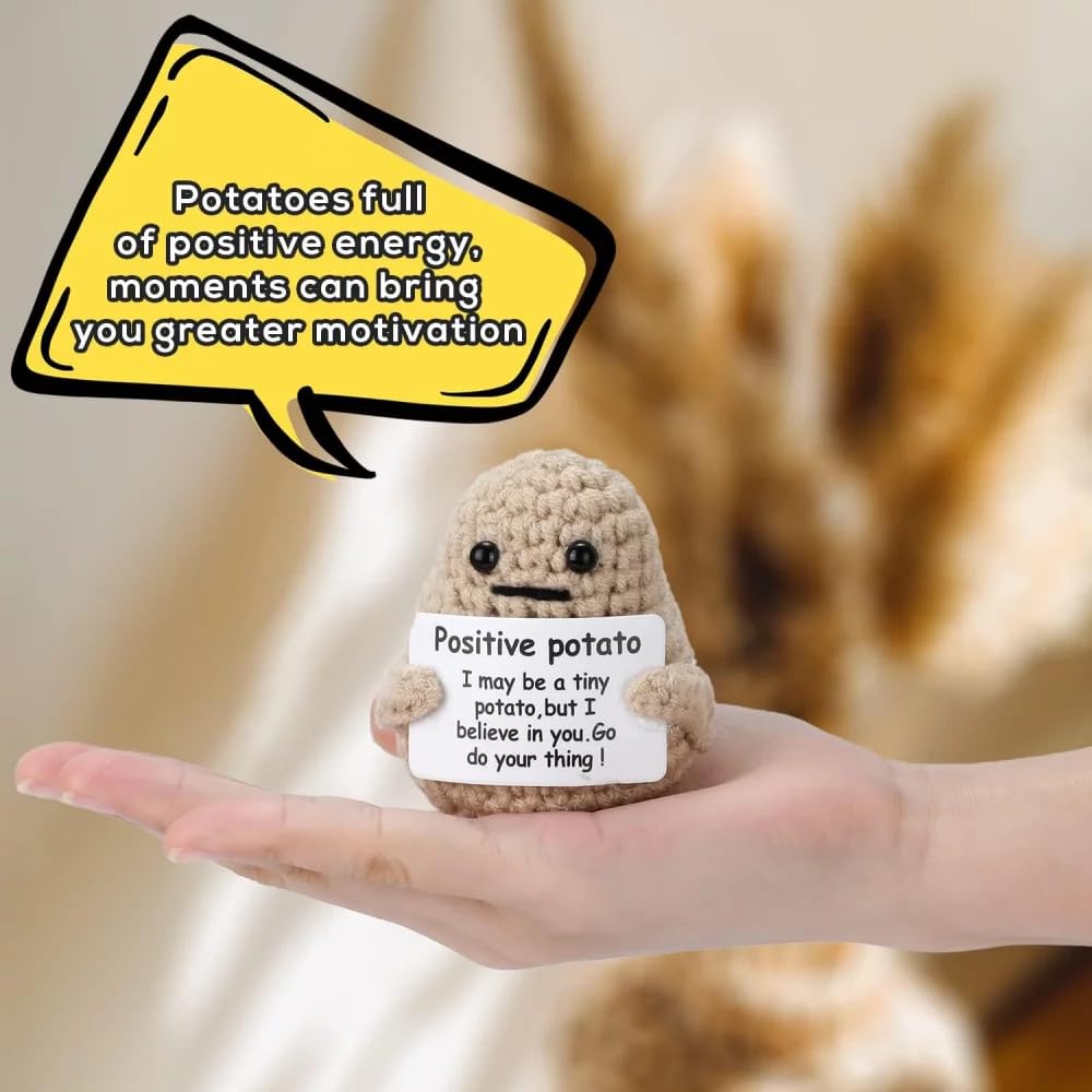 Funny Positive Potato, 3 inch Cute Crochet Potato Doll with Positive Card, Soft Wool Knitting Emotional Support Positive Life Potato Toy for Birthday Gifts Room Decor