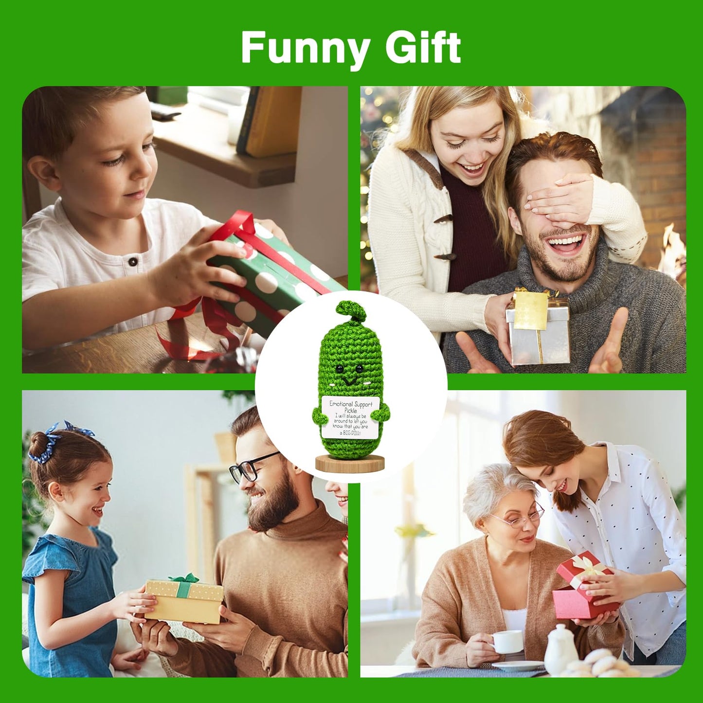 Handmade Emotional Support Pickle Gift, Cucumber Crochet Doll Inspirational Gifts with Wooden Base, Cute Knitted Cucumber Doll Funny Pickle Toy for Women, Boys, Girls